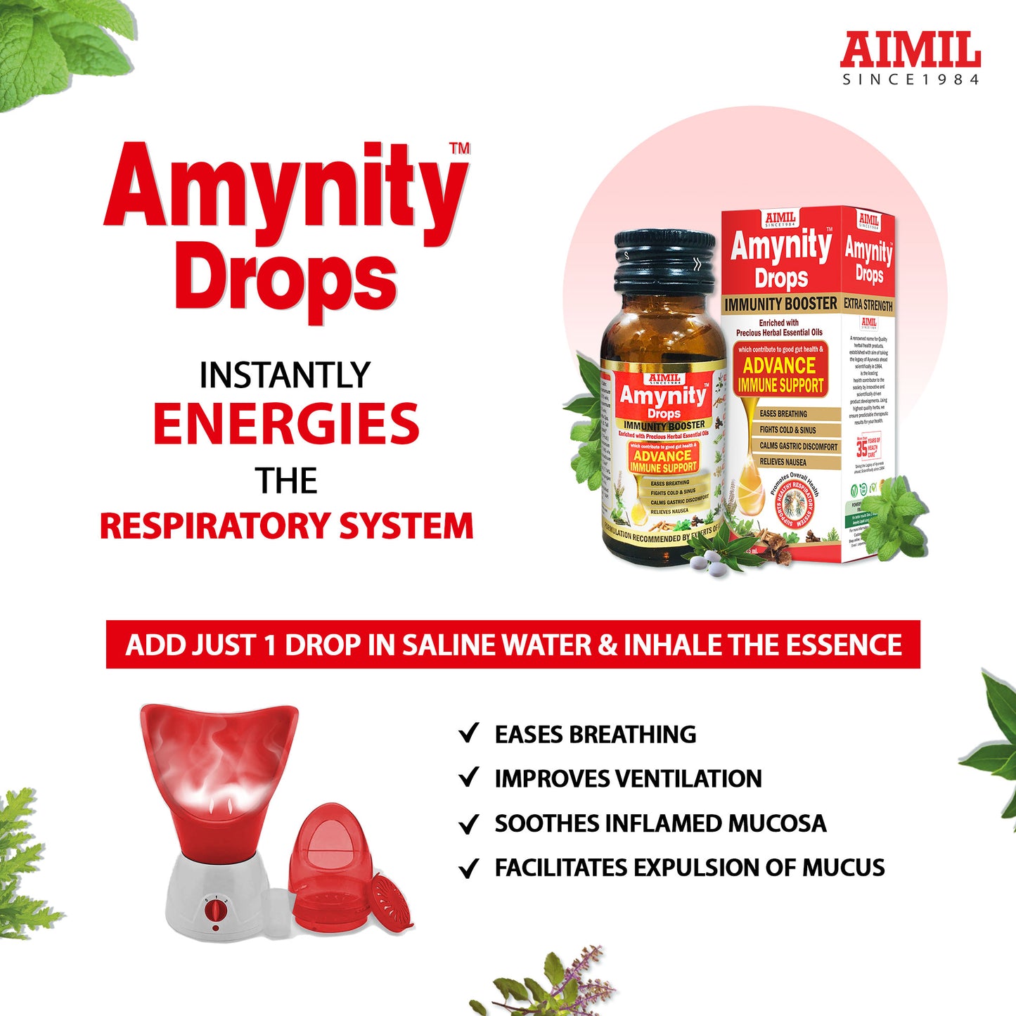 Exclusive Benefits of Amynity Drops Advance immune support Eases breathing & clear respiratory airways Fights cold & sinus Improves digestion & metabolism Calms gastric discomfort Relieves nausea & vomiting Boosts anti-oxidant effect