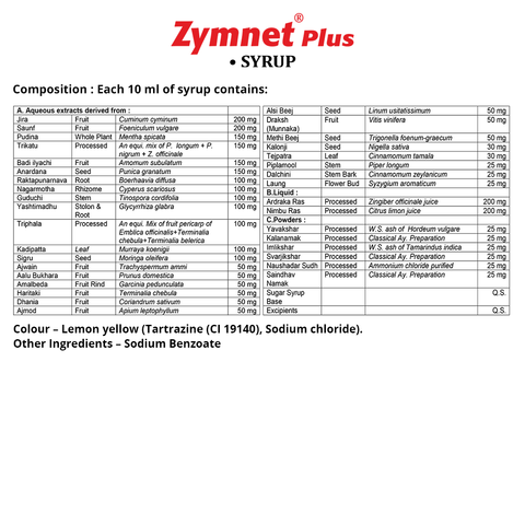 Zymnet Plus a fast acting remedy for toning digestion with scientifically proven extracts from time tested herbs. Since ages, Indian herbs & spices have been recommended to combat various digestive complaints and malnutrition. Zymnet Plus is well balanced formulation to increase the secretion of digestive enzymes, improves appetite, and relieves gastric discomfort.