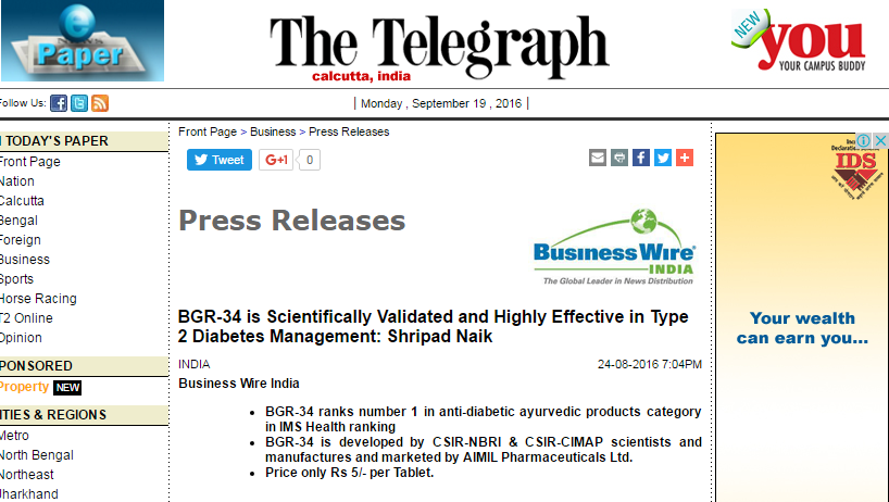 BGR-34 is Scientifically Validated and Highly Effective in Type 2 Diabetes Management | Shripad Naik | Telegraph India
