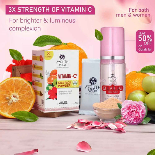 Ayouthveda Luminous Skin Combo: Vitamin-C Face Pack Powder (10g × 8), Gulab Jal (100 ml)