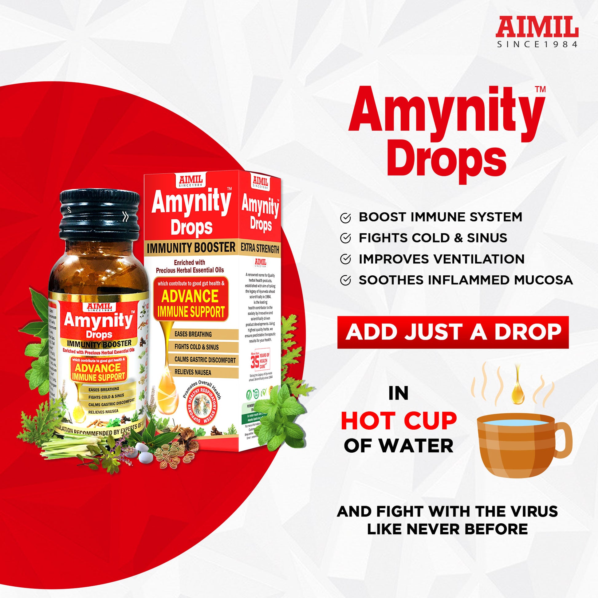 Exclusive Benefits of Amynity Drops  Advance immune support Eases breathing & clear respiratory airways Fights cold & sinus Improves digestion & metabolism Calms gastric discomfort Relieves nausea & vomiting Boosts anti-oxidant effect
